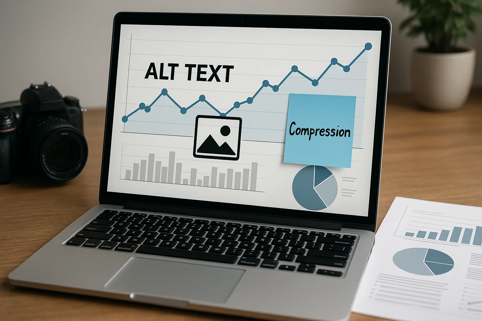 Laptop with charts showing image SEO concepts