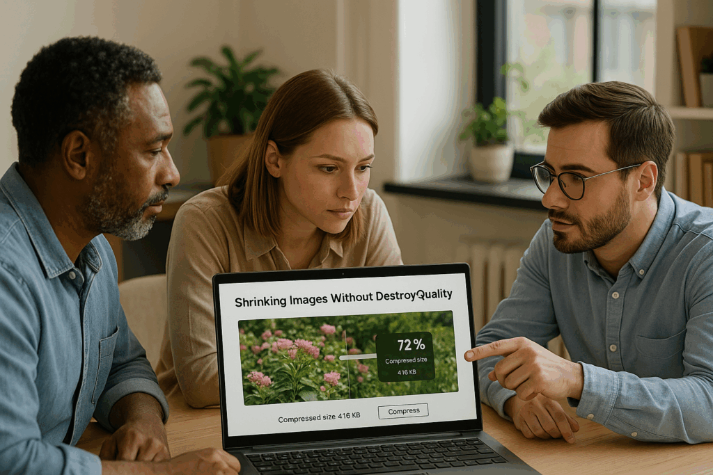 Team reviewing image compression results on laptop