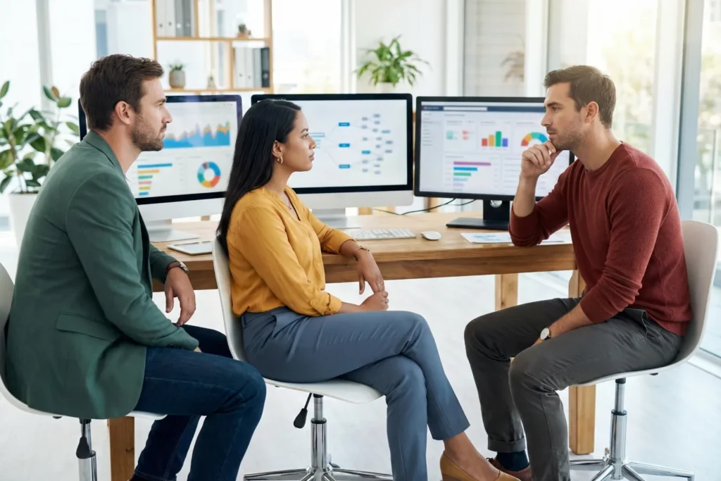 Three SEO professionals in colourful semi-formal attire are discussing website in a modern office,.