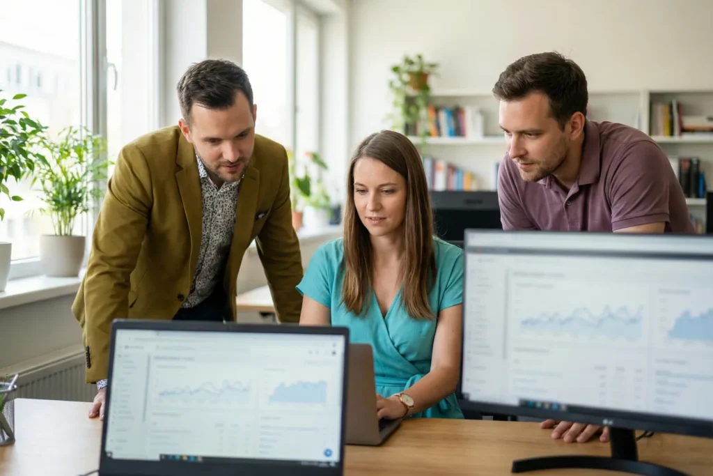 Three SEO professionals are reviewing website performance and SEO timeline visuals on a desk in a naturally lit office.