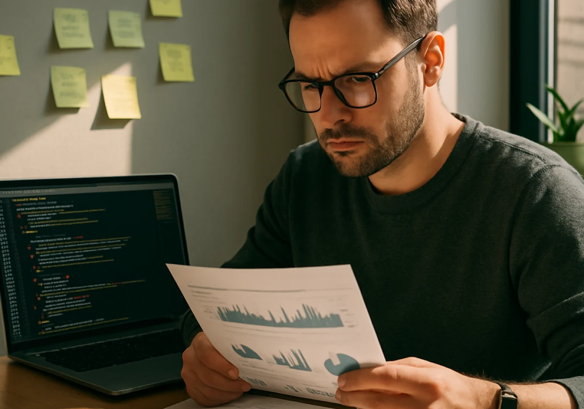 Mid-thirties web developer sitting at a desk in a modern office