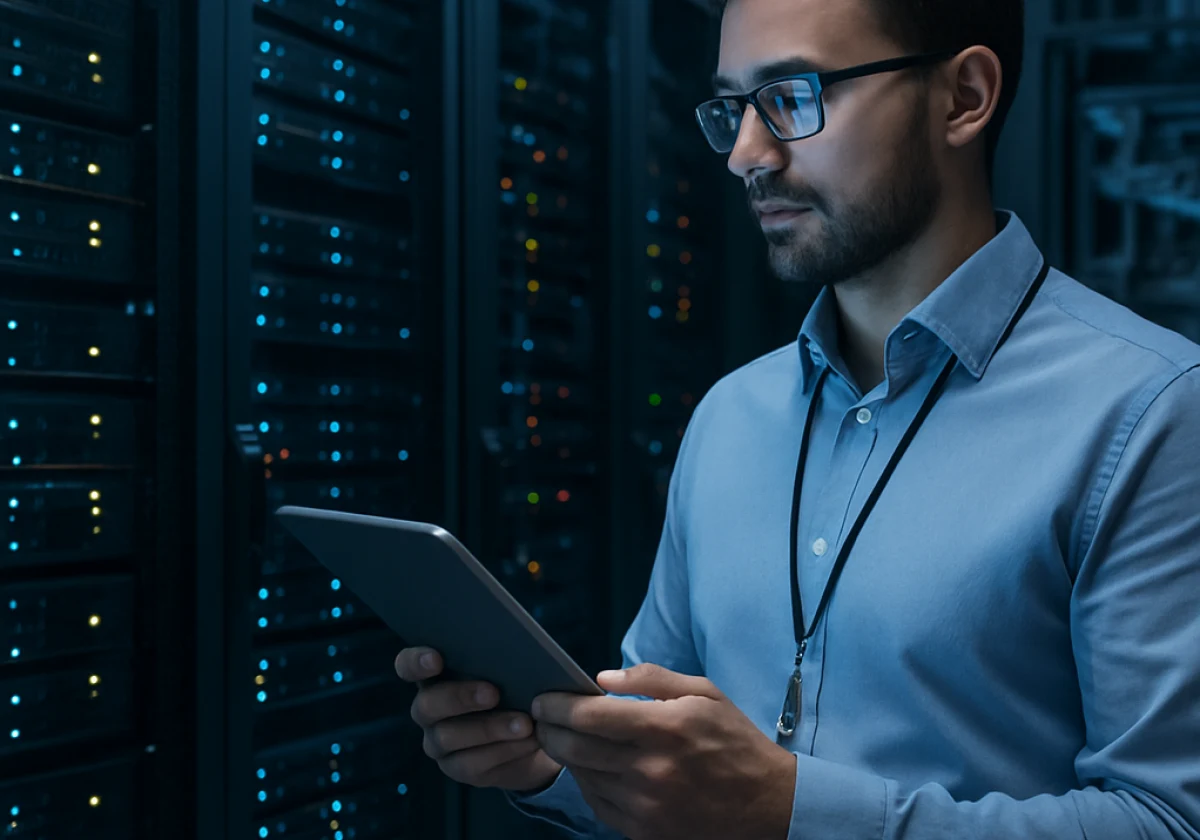 Software engineer in a server room wearing business casual clothing